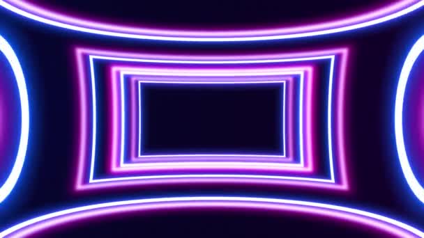 ネオンは速く動く青いライト ラインが付いている正方形のトンネルを光らせます ネオンライト付きのバックグラウンド未来回廊 シームレスなループ3Dレンダリング モダンなネオンライト — ストック動画