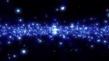 Işık ve ışın yayan mavi renkli sihirli parçacıkların soyut arka planı, parçacıklar dalga enerjisiyle parlar ve hareket eder, güzel nebula, peri tozu, pürüzsüz döngü, 4K.