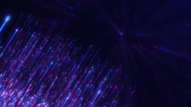 Parlayan neon parçacıkları yukarı doğru uçan soyut dijital arkaplan. Işık saçan parlak partikül çizgilerinin hareket etmesi ve ışık saçması. soyut arkaplan