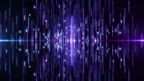 Abstracte Digitale Achtergrond Met Gloeiende Neonlijnen Neer Vliegende Deeltjes Beweging — Stockvideo
