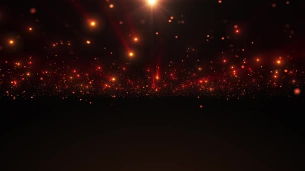 明るい金またはオレンジ色の輝く飛行粒子が光線を放出する抽象的なカラフルな背景 美しいボケと粉塵粒子の輝き シームレスループ — ストック動画