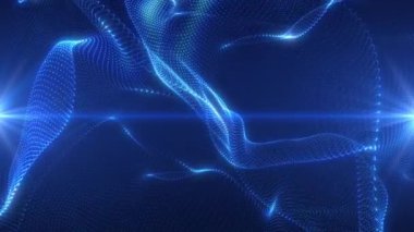 Parçacıkların ve noktaların soyut parlayan dalgaları mavi arkaplan üzerinde hareket eder, büyük veri görselleştirmesi, fütüristik ve dijital arkaplan, 3D, 4K
