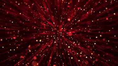 Kırmızı parçacıkların soyut renkli toz patlaması, parlak parçacıkların hareketi, ışık hızı, noktalardan ve parçacıklardan gelen havai fişekler, fütüristik arka plan. Kusursuz 4k döngü videosu.