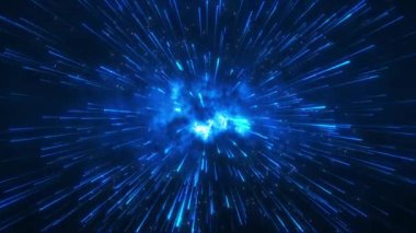 Uzay ve zamanda ışık hızında seyahat ediyorlar. Uzaya hiper atlama. Koyu bir arka planda parlak mavi lazer ışınları. Parlak ışık ışınları ya da parçacık çizgileri. Renkli havai fişekler. döngü