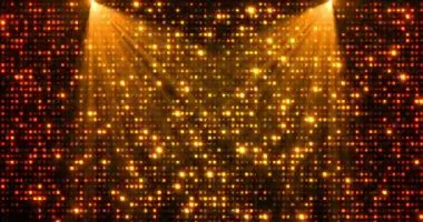 Sahnenin arka planını aydınlatan bir spot ışığı. Işık noktası ve yıldız parlayan parçacıklar yanıp sönüyor. Altın renkli ışınlar. Ürün için ışık olan boş bir sahne. Ödül, parti ve sunum. döngü