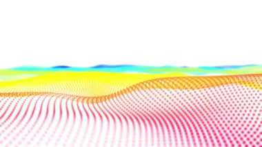 Beyaz zemin üzerinde ışık dokunuşu olan soyut dijital dinamik parçacık dalgaları, veri akışı, siber teknoloji. 3 boyutlu görselleştirme. Kusursuz 4K döngüsü. Ekran Koruyucu video canlandırması