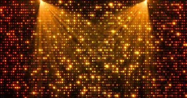 聚光灯照亮了舞台的背景 光斑和星光闪烁的粒子闪烁 金黄色的拉丝空荡荡的舞台与光的产品 聚会和演讲 — 图库视频影像