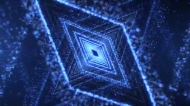 Titreyen parçacıklardan oluşan dijital bir tünel, siber uzayda seyahat, dijital bir teknolojik tünelde uçmak. Uçan parlak parçacıklar. 