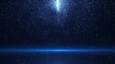 Soyut parlayan sim parçacıklarının animasyonu. Uçan parlak noktalar, toz parçacıkları ve mavi bir arka planda bokeh. Kusursuz döngü