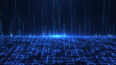 Fütürist siber dünyanın soyut sahnesi, bilim kurgu şebekesi, parlayan teknoloji yüzeyi, neon gece sahnesi, dijital bilim arka planı 4K animasyon, kusursuz döngü, sanal gerçeklik konsepti