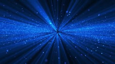 Işık ışınlı soyut parlak parçacıkların animasyonu. Uçan parlak noktalar, mavi arkaplanda toz parçacıkları. Kusursuz döngü