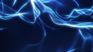 Parçacıkların ve noktaların soyut parlayan dalgaları mavi arkaplanda, büyük veri görselleştirmesi, fütüristik ve dijital arkaplan, 3D, 4K, kusursuz döngü