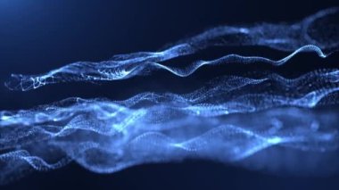 Parçacıkların ve noktaların soyut parlayan dalgaları mavi arkaplanda, büyük veri görselleştirmesi, fütüristik ve dijital arkaplan, 3D, 4K, kusursuz döngü