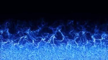 Mavi parlayan soyut enerji alevi koyu arkaplanda. Parlayan parçacıkların sihirli sıvı animasyonu. Neon parlak alevler parıldıyor ve kıvrılıyor, 3 boyutlu animasyon.