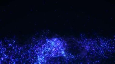Sihirli parçacıkların mavi renkli soyut arkaplanı, parçacıklar dalga enerjisi ile parlar ve hareket eder, güzel nebula, peri tozu, kusursuz döngü, 4K.