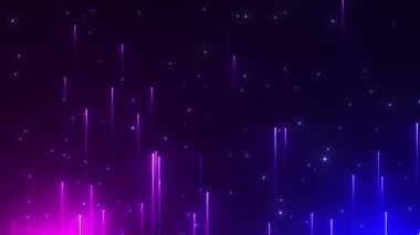 Parlayan neon parçacıkları yukarı doğru uçan soyut dijital arkaplan. Gradyan arkaplanda parlayan parlak parçacık çizgilerinin hareketi. Kusursuz döngü