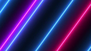 Neon köşegen çizgilerinin hareketi ya da siyah arkaplanda parlayan ışık çizgileri. 3 boyutlu görüntüleme. Kusursuz döngü 4k video