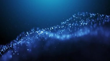 Parçacıkların ve noktaların soyut parlayan dalgaları mavi arkaplanda, büyük veri görselleştirmesi, fütüristik ve dijital arkaplan, 3D, 4K, kusursuz döngü