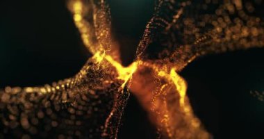 Hareket, soyut turuncu dijital dalgalar ve parçacıklar. Teknoloji geçmişi. 4k video. Ekran koruyucu animasyon. Kusursuz döngü