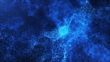 Sihirli parçacıkların mavi renkli soyut arkaplanı, parçacıklar dalga enerjisi ile parlar ve hareket eder, güzel nebula, peri tozu, kusursuz döngü, 4K.