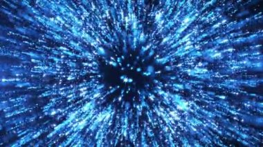 Toz parçacıklarının soyut renkli patlaması, parlayan parçacıkların hareketi, ışık hızı, noktalardan ve parçacıklardan havai fişekler, uzay sahnesi, yıldızlı fütürist ışıltı arka planı. Kusursuz 4k döngü videosu.