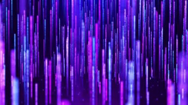 Parlayan neon parçacıkları yukarı doğru uçan soyut dijital arkaplan. Parlayan parlak partikül çizgilerinin hareketi. Kusursuz döngü soyut arkaplan
