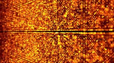 Bulanık arkaplanı olan parlak parçacıkların soyut arkaplanı. Neon ışıklı noktalardan oluşan bir yüzey. 3D, 4K kusursuz döngü.