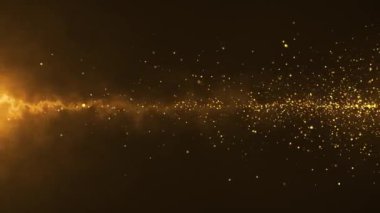 Soyut altın sarısı parçacıkların hareket edişi siyah arka planda modern bir şekilde parıldıyor. Kusursuz döngü