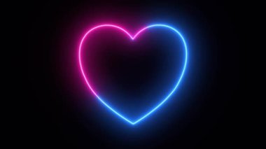 Karanlık bir arka planda parlayan neon bir kalp ikonunun animasyonu. Neon kalp etkisiyle kenar ve çerçeve. Sevgililer Günü için tasarım elemanı. 3D, 4K, kusursuz döngü.