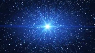 Uçan parlak toz ve yıldız parçacıkları, düşen mavi parlayan, soyut noktalar yağmuru. Parlak gökyüzü ışığından parçacıkların patlaması. Dijital fütüristik arka plan. Kusursuz döngülü 4k.