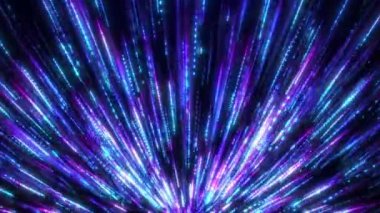 Parlayan neon parçacıkları ya da parlak noktalı ışık ışınlarıyla soyut dijital arkaplan. Parlayan parlak partikül çizgilerinin hareketi. Fütürist kip geçmişi. Kusursuz döngü