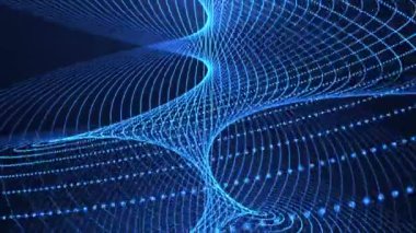 Dijital çizgilerin ve noktaların koyu arkaplanda dönen soyut yüksek teknoloji fütüristik spirali