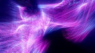 Karanlık bir arkaplanda hareket eden dalga enerjili soyut renkli noktalar. Mor pembe dalga