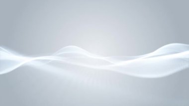 Gri ve beyaz arkaplan üzerinde hareket eden parçacıkların ve noktaların soyut dijital dalgası, büyük veri görselleştirmesi, 3D, 4K, kusursuz döngü