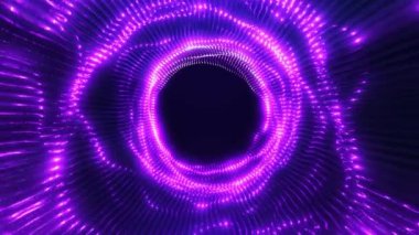 Dalga enerjili veya uzay ve zamanda yolculuk yapan dijital fütüristik bir tünel. Parlak neon çizgileri hareket ediyor. Yüksek teknoloji koridoru, warp hızı, solucan deliği. 4K döngülü canlandırma.