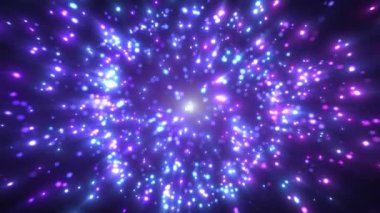 Işık ışınlı soyut parlak parçacıkların animasyonu. Uçan parlak noktalar, renkli arkaplanda toz parçacıkları. Parçacıkların parlak renkli arkaplanı. Kusursuz döngü