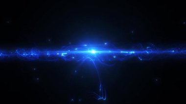 Sanal dünyadan soyut fütüristik sahne. Parçacıkların enerji dalgası karanlık bir arkaplanda hareket eder. dijital bilim arka planı 4K animasyon, kusursuz döngü