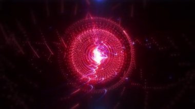 Karanlık bir arka planda parlayan parlak parçacıklardan oluşan soyut yuvarlak küre, parlak noktalardan oluşan enerji topu, topun küresel hareketi. Kusursuz 4K video döngüsü