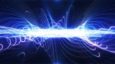 Yüksek teknolojili dalga enerjili parçacıkların girdap çizgilerinin soyut fütüristik arka planı. Parlak ışık spiralleri