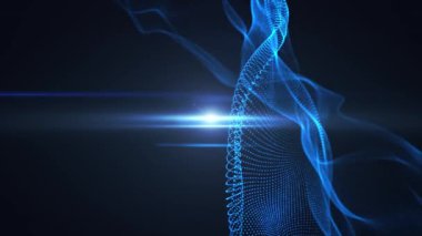 Mavi zemin üzerinde optik ışık, büyük veri görselleştirmesi, fütüristik ve dijital arkaplan, 3D, 4K, kusursuz döngü ile hareket eden parçacıkların ve noktaların soyut parlayan dalgası