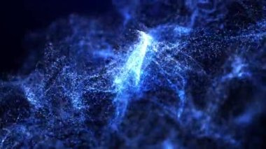 Mavi bir zemin üzerinde hareket eden parçacıkların ve noktaların parlayan soyut siber dalgası, dalga enerjili parlak sihirli parçacıklar. büyük veri görselleştirme, geleceksel ve dijital arkaplan