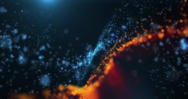 Dalgalı şekilli parçacıklar, dijital dalgalar ve güzel toz parçacıkları ve bokeh parlaklığıyla soyut bir arkaplan. Kusursuz 4k döngü videosu