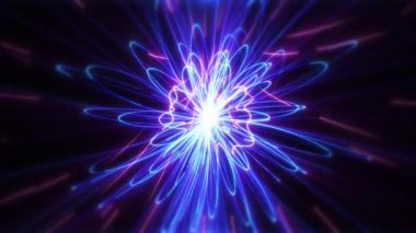 Parlak neon enerjili soyut bilimsel altyapı karanlık bir arkaplanda yüksek teknoloji çizgileri oluşturur..