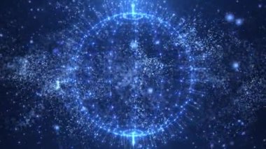 Parçacıklardan oluşan soyut fütüristik küre ve çizgilerden oluşan pleksus. Enerji bilim kurgu topu. Mavi arka planda yüksek teknolojili küre.