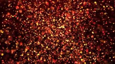 Doğum günlerini ve tatilleri kutlamak için altın parçacıkların soyut animasyon kavramı. Karanlık zemin üzerinde ışık parçacıkları olan 4k döngüsü bokeh arkaplan. Işık sızıntısı efektli animasyon görüntüleri.