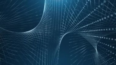 Parçacıkların olduğu yüksek teknoloji arka plan, karmaşık bir spiral yapı oluşturan dönen noktalar. Bilimkurgu dijital uzay, parçacıklar çizgiler ve yüzey dalgaları oluşturur. Soyut arkaplan.