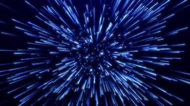 Uçan parlak ve parlak parçacıklar, düşen mavi ışıltı, soyut noktalar yağmuru. Parçacık patlaması. Dijital geleceksel arkaplan