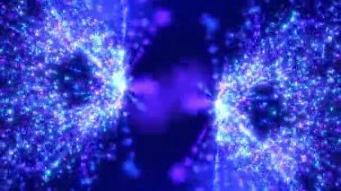 Parlayan neon parçacıkları ya da parlak noktalı ışık ışınlarıyla soyut dijital arkaplan. Parlayan parlak partikül çizgilerinin hareketi. Geleceğe yönelik bir geçmiş. Kusursuz döngü