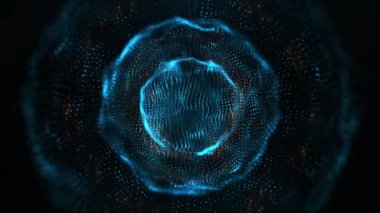 Soyut parlayan küre, enerji topu ışık ışınlarıyla parlıyor, parçacıklardan ve noktalardan gelen sihirli dalgalar, atomik bilim soyut arka plan, kusursuz döngü