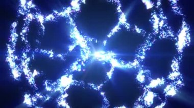 Mavi arkaplanda parlayan sihirli toz parçacıklarının ve ışığın soyut animasyon arkaplanı.